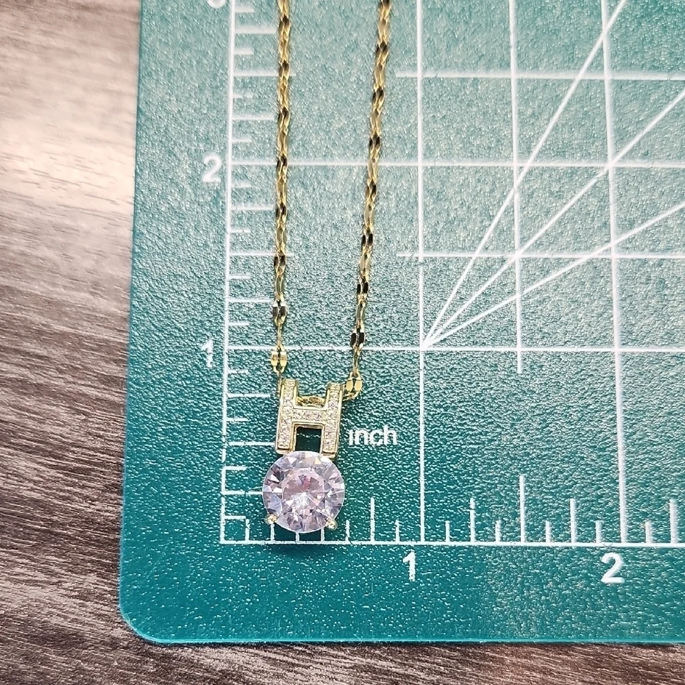 18k Gold Plated Stainless Steel Chain and H Pendant, Simulated Clear Diamonds